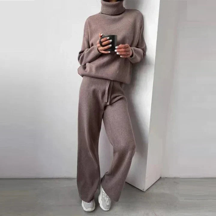 Nolvaire | Femme Ensemble Tricot Col Roulé Pantalon Large - Taupe - Image 2