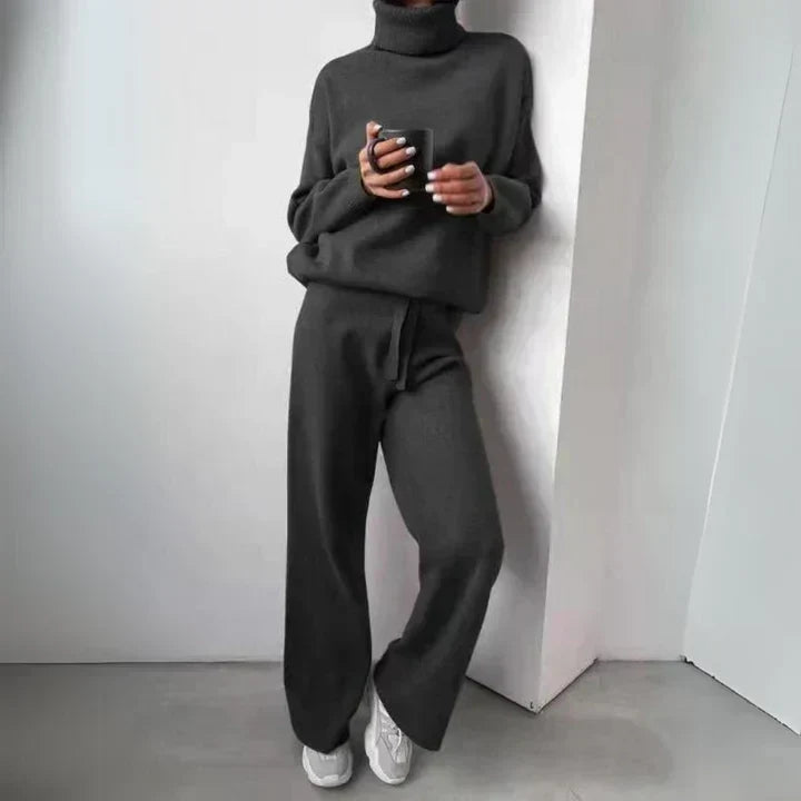 Nolvaire | Femme Ensemble Tricot Col Roulé Pantalon Large - Taupe - Image 3