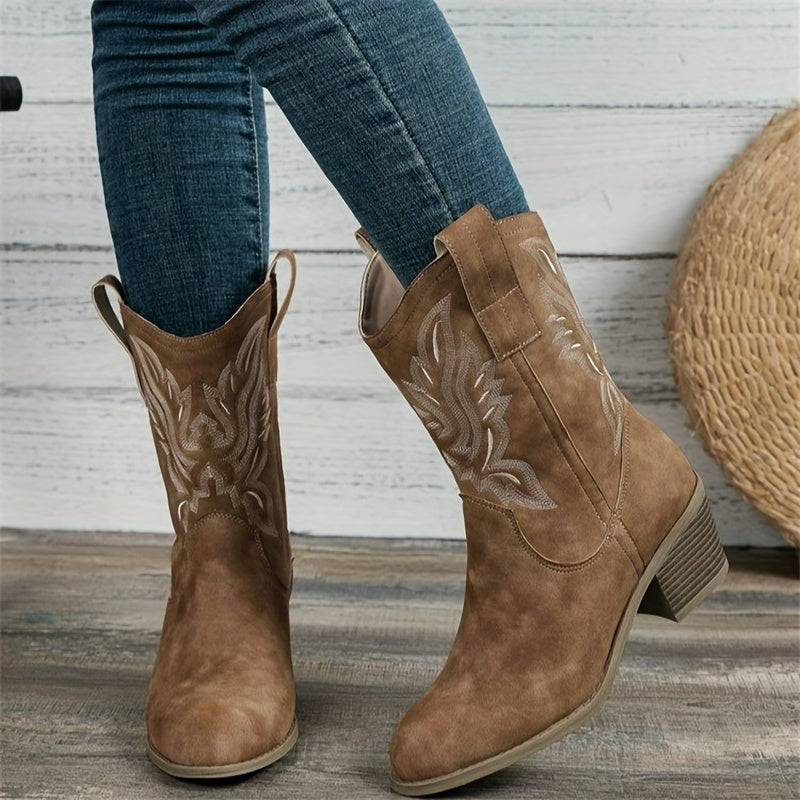 Nolvhère | Femme Bottes Western Cowboy Mi-Mollet - Camel - Image 1