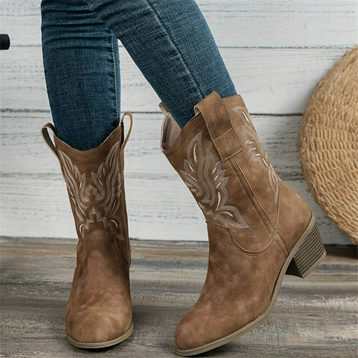 Nolvhère | Femme Bottes Western Cowboy Mi-Mollet - Camel - Image 1