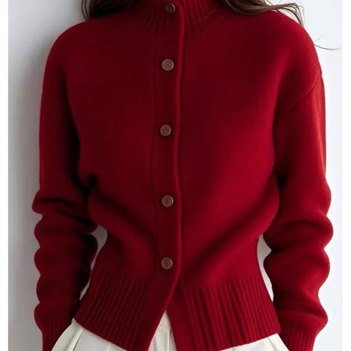 Nolvire | Femme Cardigan Col Montant Boutonné - Red - Image 1