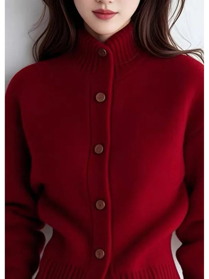 Nolvire | Femme Cardigan Col Montant Boutonné - Red - Image 5