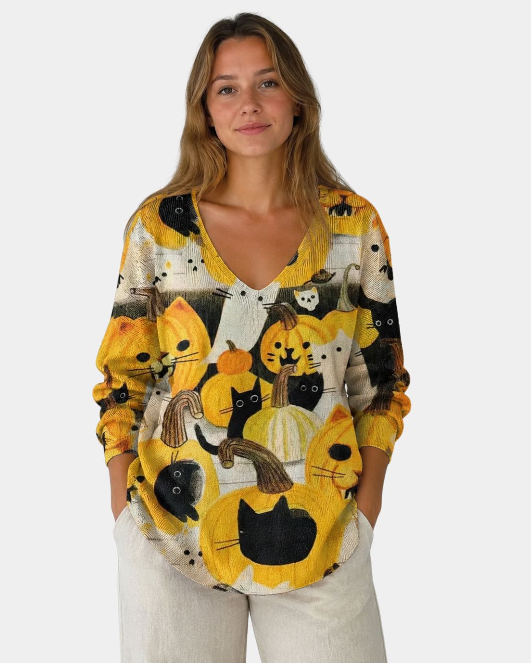 Névane | Pull Femme Col en V Motif Chats - Image 1