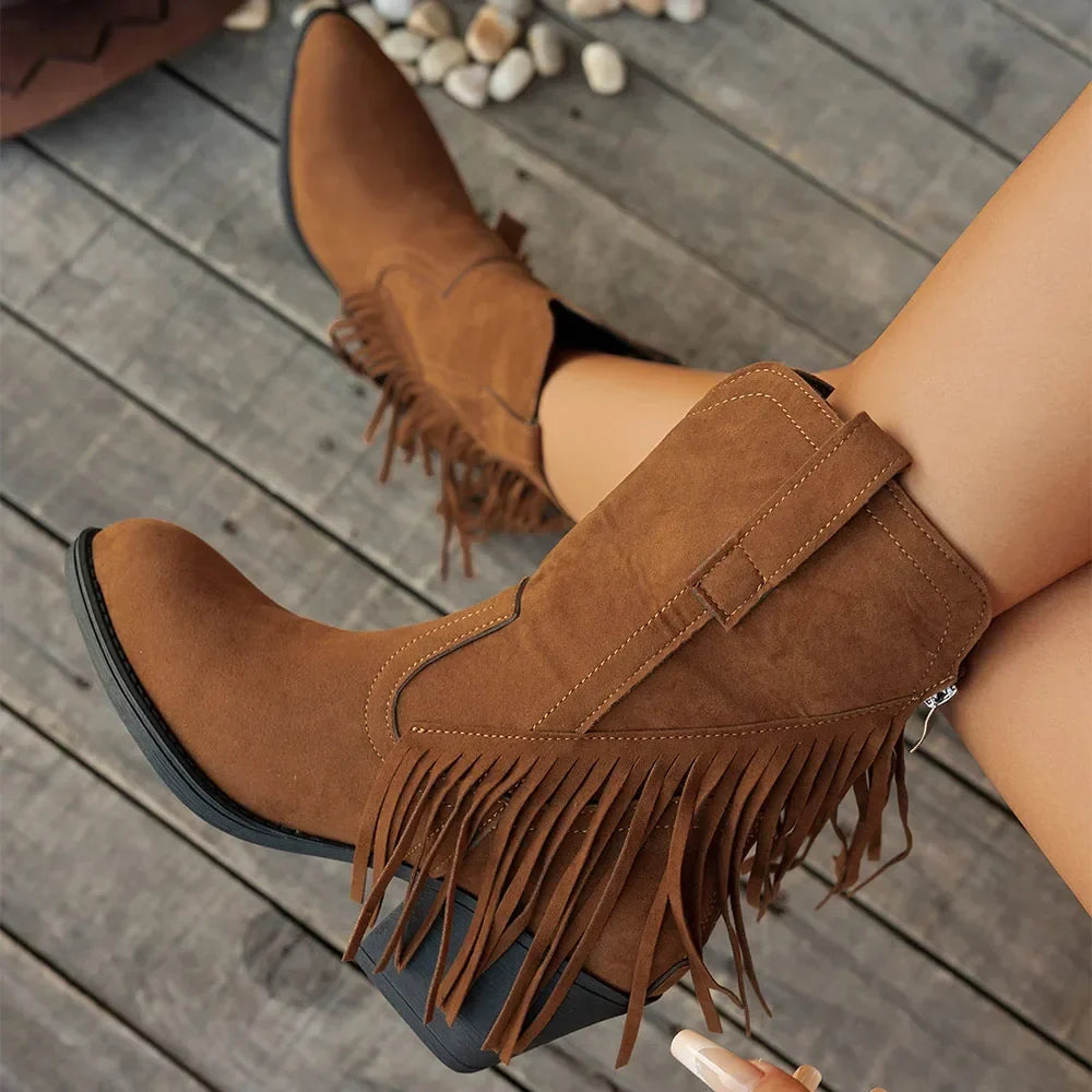Névorine | Femme Bottes Western à Franges Style Cowboy - Camel - Image 1