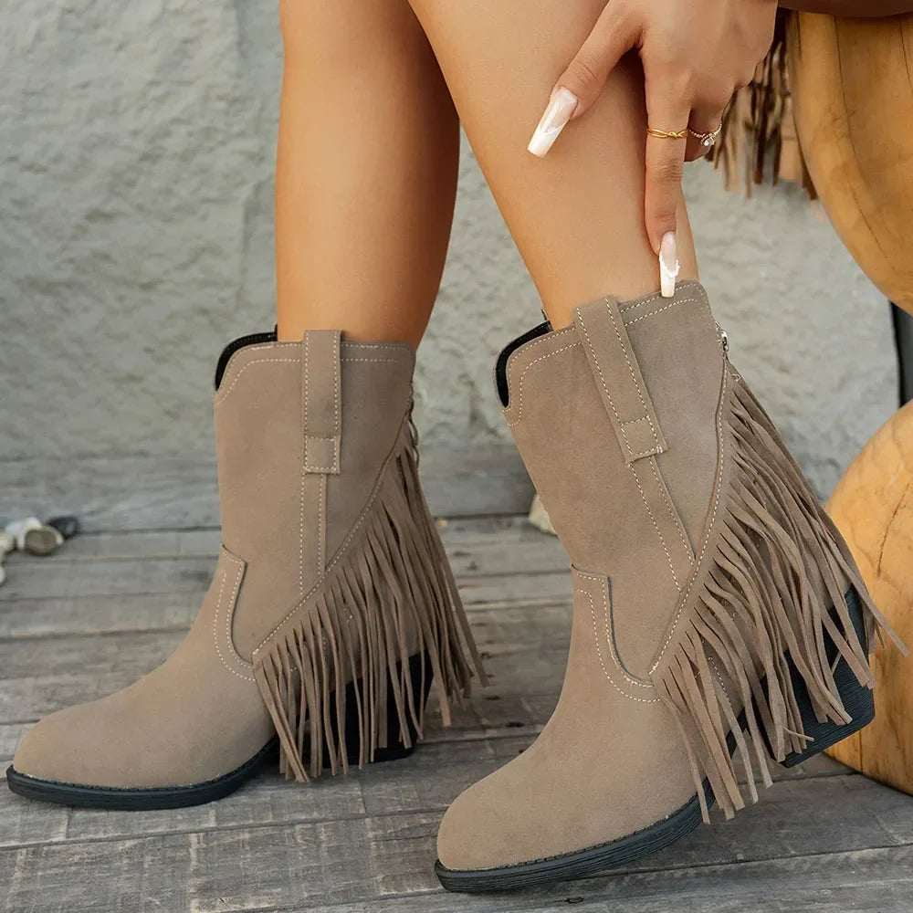 Névorine | Femme Bottes Western à Franges Style Cowboy - Camel - Image 4