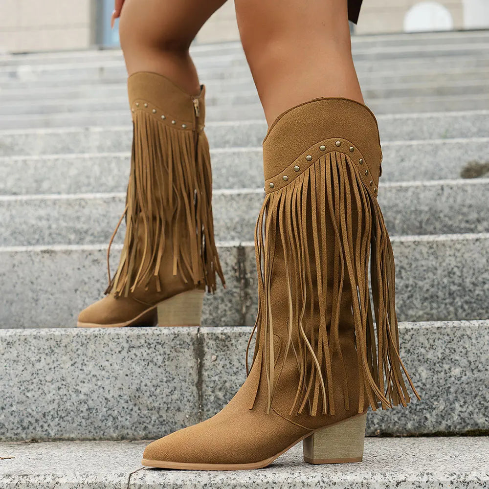 Névorine | Femme Bottes Western à Franges Style Cowboy - Camel - Image 7