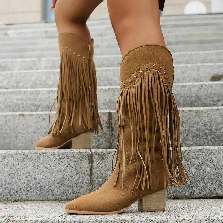 Névorine | Femme Bottes Western à Franges Style Cowboy - Camel - Image 7