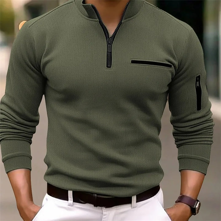 Olvaine | Homme Pull Col Zippé Tricot Côtelé - Olive Green - Image 1