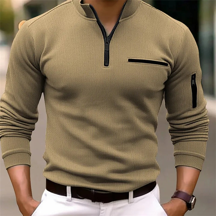 Olvaine | Homme Pull Col Zippé Tricot Côtelé - Olive Green - Image 3