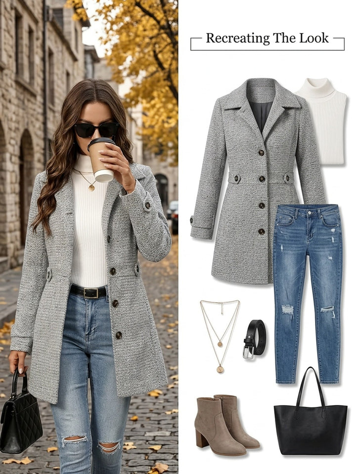 Orlévine | Manteau Femme Ceinturé Chevron Gris - Light Grey - Image 6