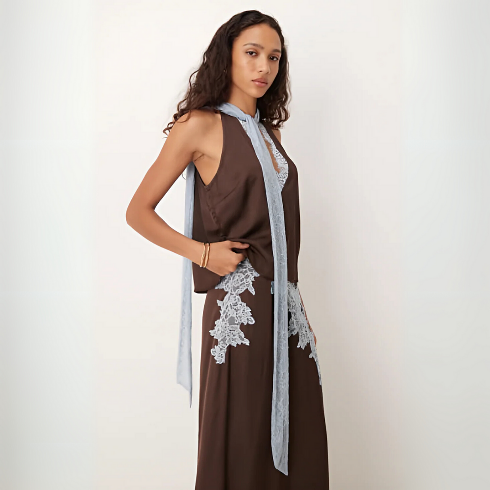 Persephone | Women's Halter Neck Lace Trim Maxi Set - Brown - Image 2