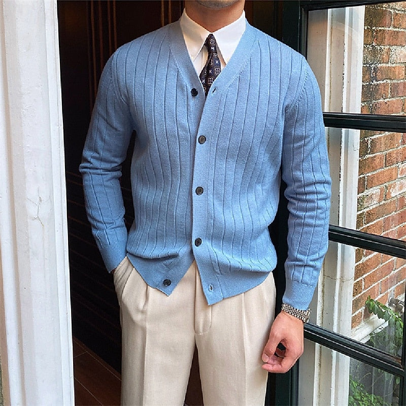 Réavand | Homme Cardigan Col V Côtelé Boutonné - Light Blue - Image 1
