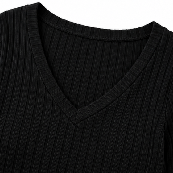Ravelle | Femme Robe Pull Côtelée Col V Mini - Black - Image 10