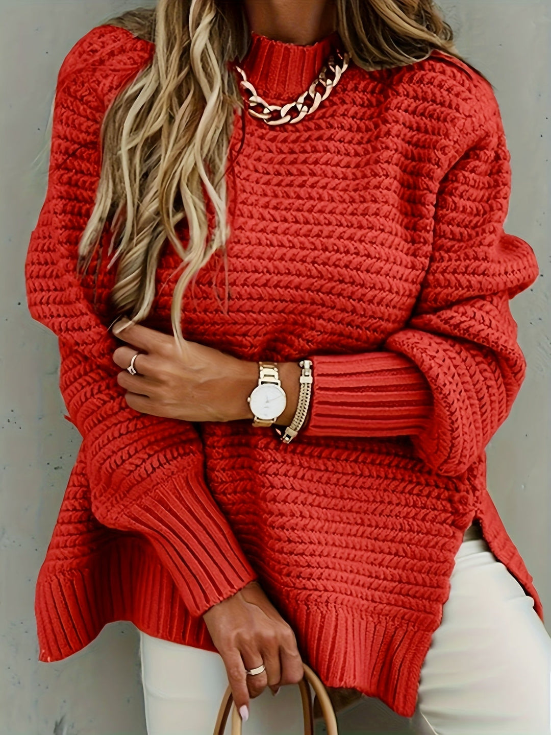 Selvîne | Pull Femme Grande Maille Oversize Col Montant - Red - Image 2
