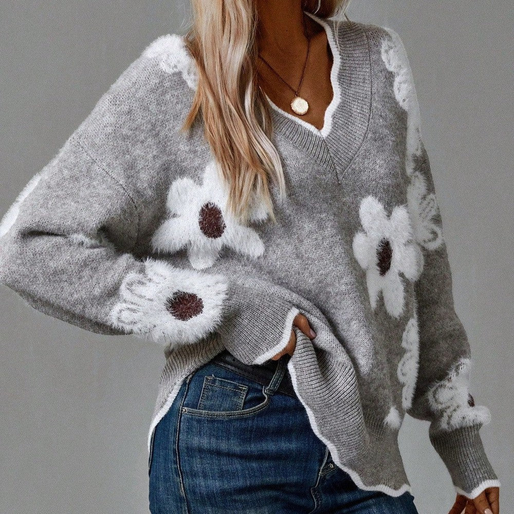 Selvorne | Pull Femme Col V Motif - Grey - Image 1