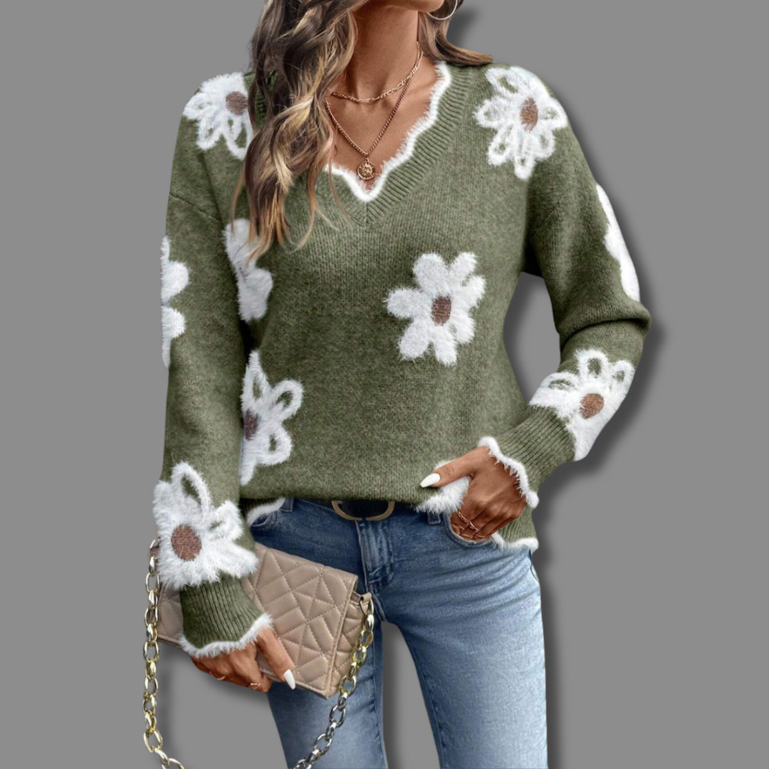 Selvorne | Pull Femme Col V Motif - Grey - Image 2
