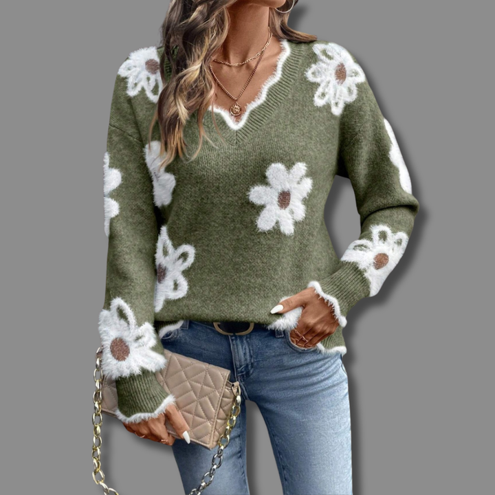 Selvorne | Pull Femme Col V Motif - Grey - Image 2