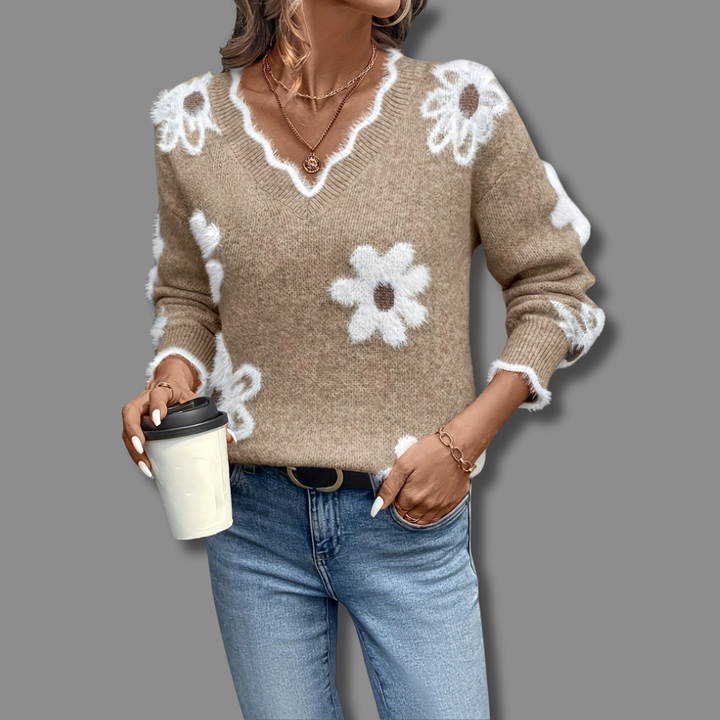 Selvorne | Pull Femme Col V Motif - Grey - Image 3