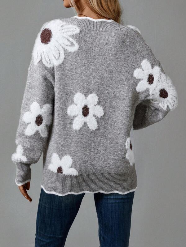 Selvorne | Pull Femme Col V Motif - Grey - Image 6