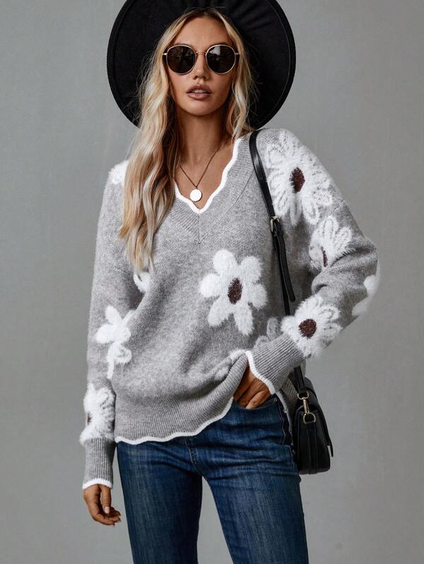 Selvorne | Pull Femme Col V Motif - Grey - Image 7