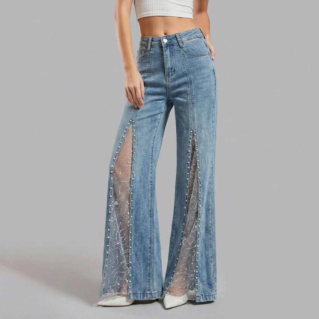 Silvorne | Femme Jean Flare Taille Haute Dentelle Perles - Light Blue - Image 1