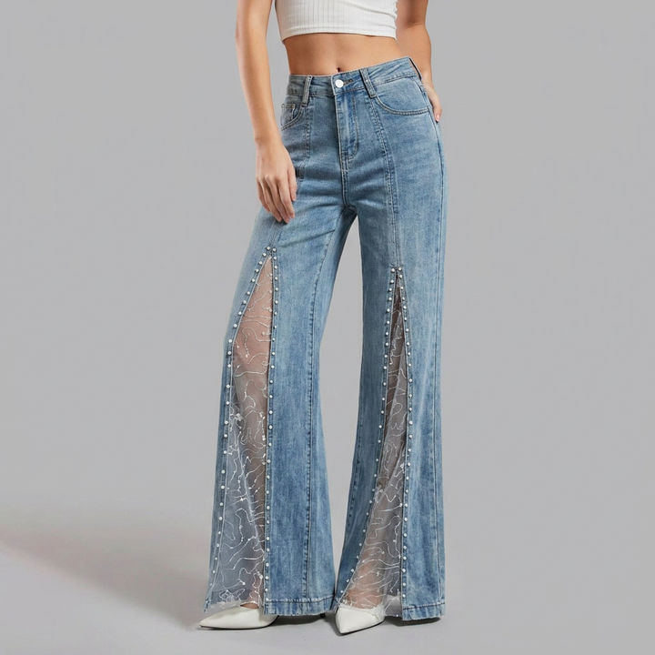 Silvorne | Femme Jean Flare Taille Haute Dentelle Perles - Light Blue - Image 1
