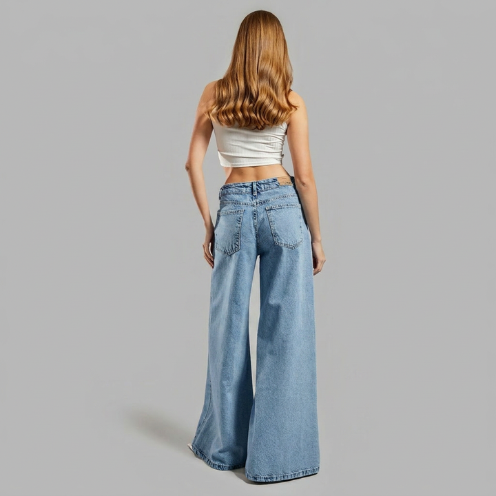Silvorne | Femme Jean Flare Taille Haute Dentelle Perles - Light Blue - Image 2