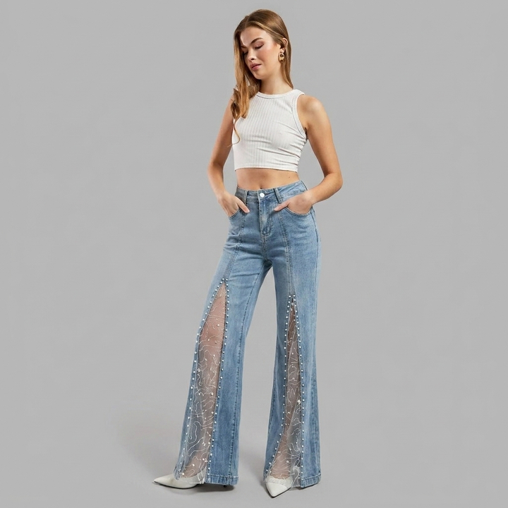 Silvorne | Femme Jean Flare Taille Haute Dentelle Perles - Light Blue - Image 3