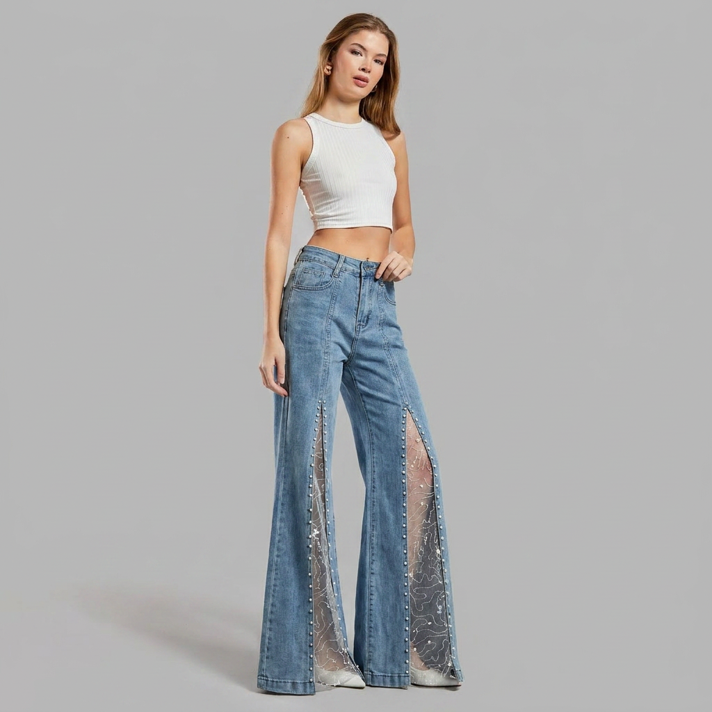 Silvorne | Femme Jean Flare Taille Haute Dentelle Perles - Light Blue - Image 4