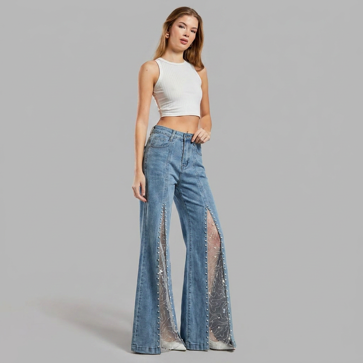 Silvorne | Femme Jean Flare Taille Haute Dentelle Perles - Light Blue - Image 4