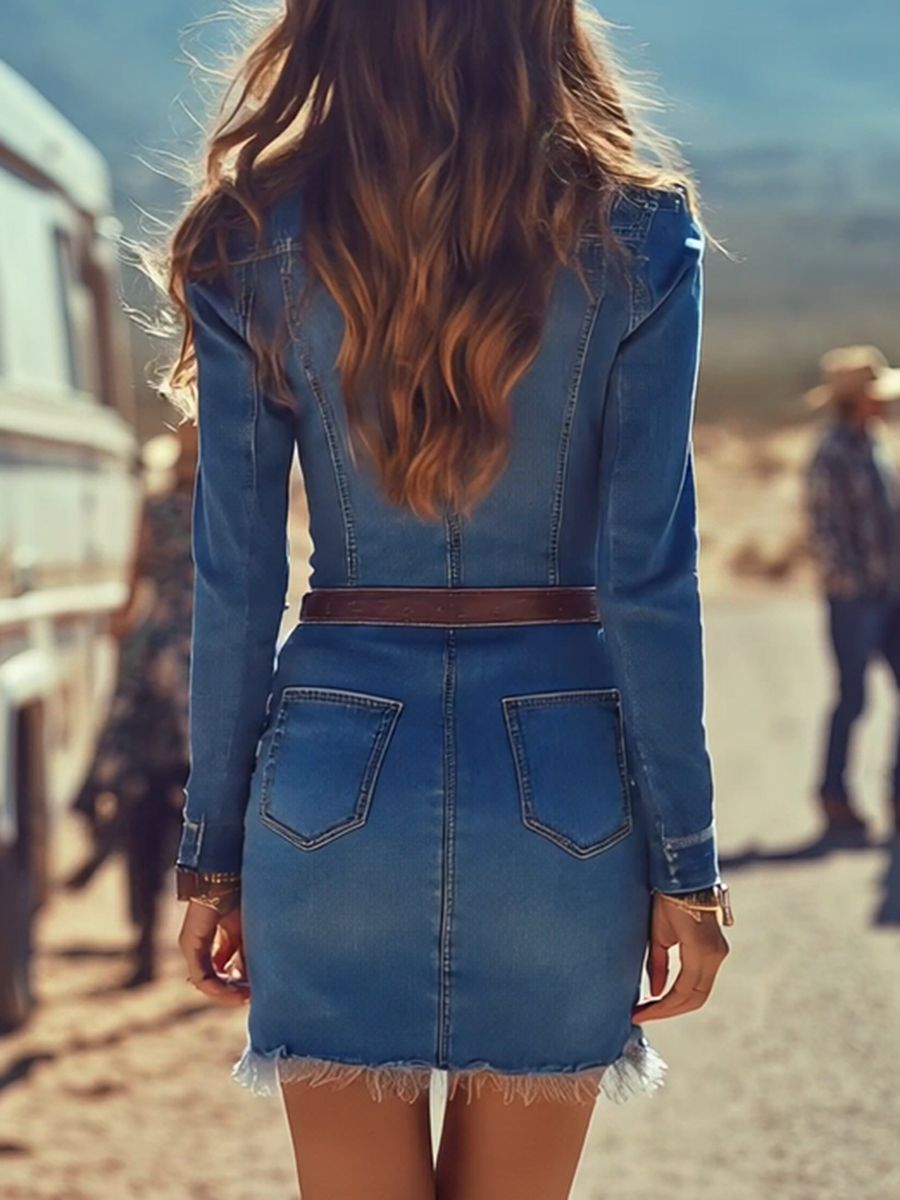 Solène | Femme Robe en Jean Manches Longues Mini - Blue - Image 3