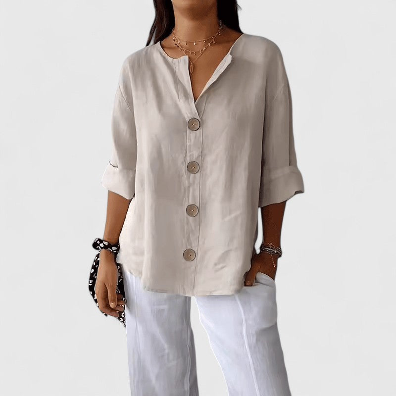Séraphelle | Femme Chemisier Lin Col V Boutons - Beige - Image 1