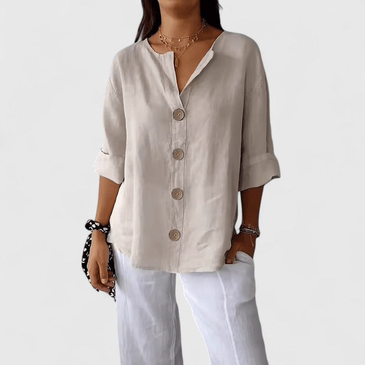 Séraphelle | Femme Chemisier Lin Col V Boutons - Beige - Image 1