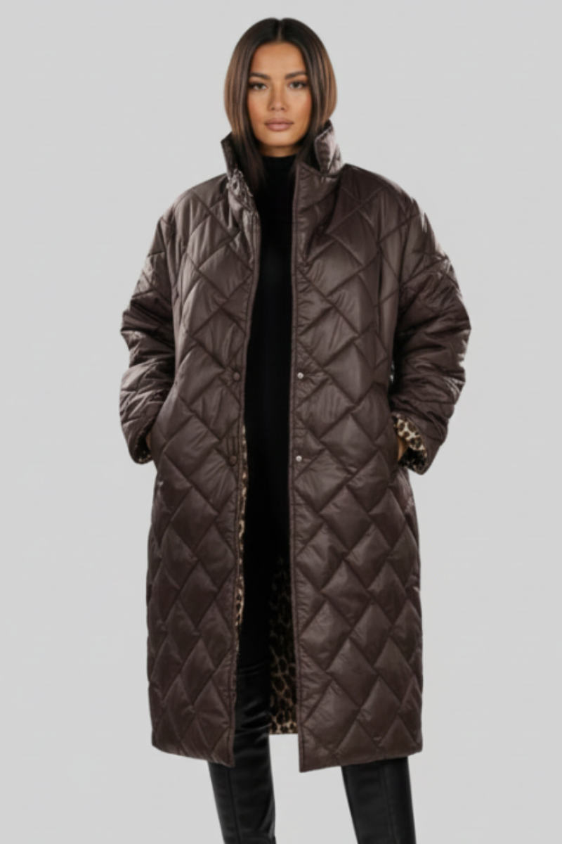 Sylvorne | Femme Doudoune Longue Réversible Léopard - Dark Brown - Image 1