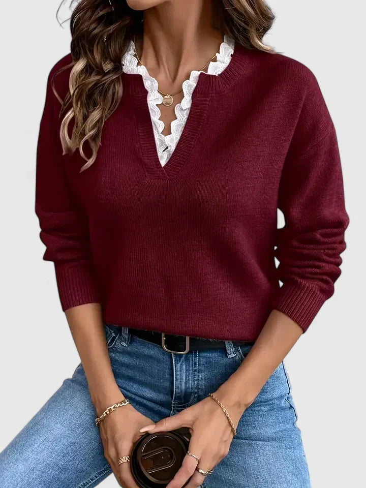 Sylvorne | Femme Pull Col V Dentelle Manches Longues - Light Grey - Image 5