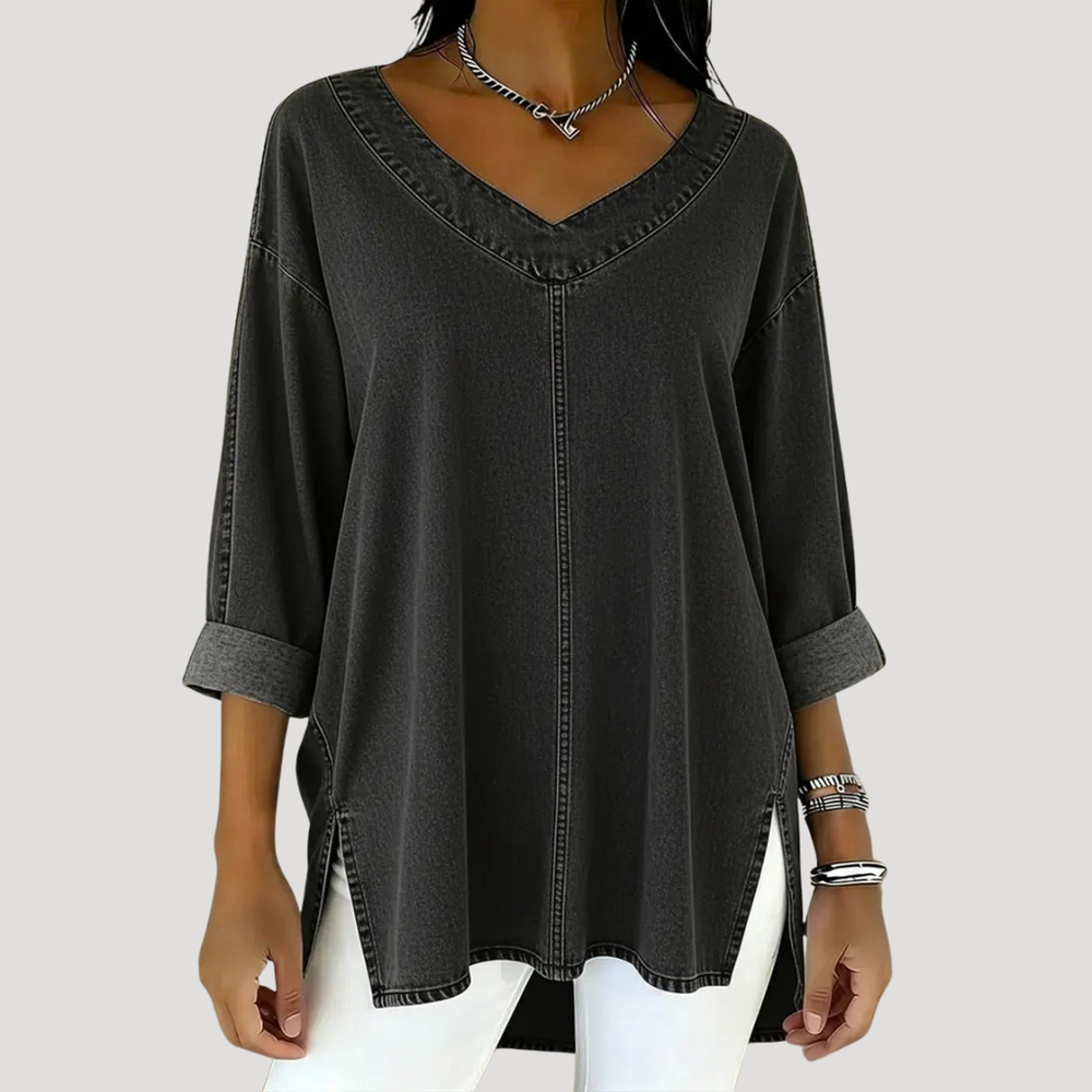 Tamsyn | Women's V-Neck 3/4 Sleeve Relaxed Tunic Top - Blue - Image 2