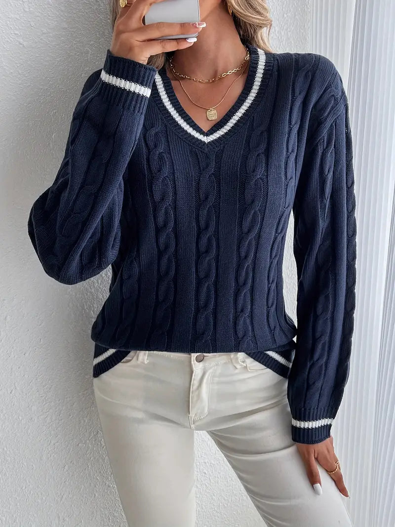 Thalvine | Pull Femme Col V Torsadé Marine - Navy - Image 1