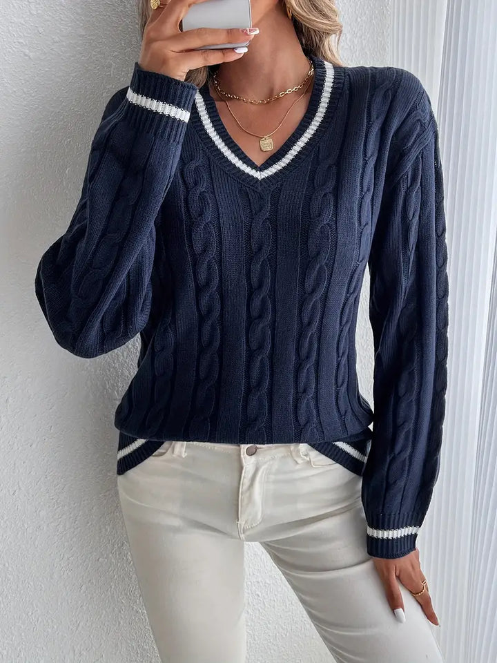 Thalvine | Pull Femme Col V Torsadé Marine - Navy - Image 1
