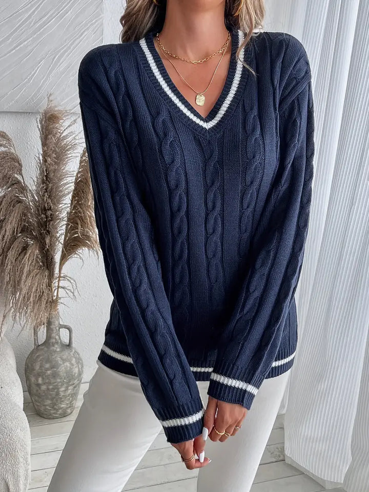 Thalvine | Pull Femme Col V Torsadé Marine - Navy - Image 2