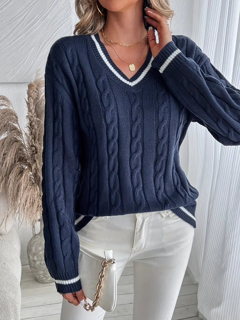 Thalvine | Pull Femme Col V Torsadé Marine - Navy - Image 4