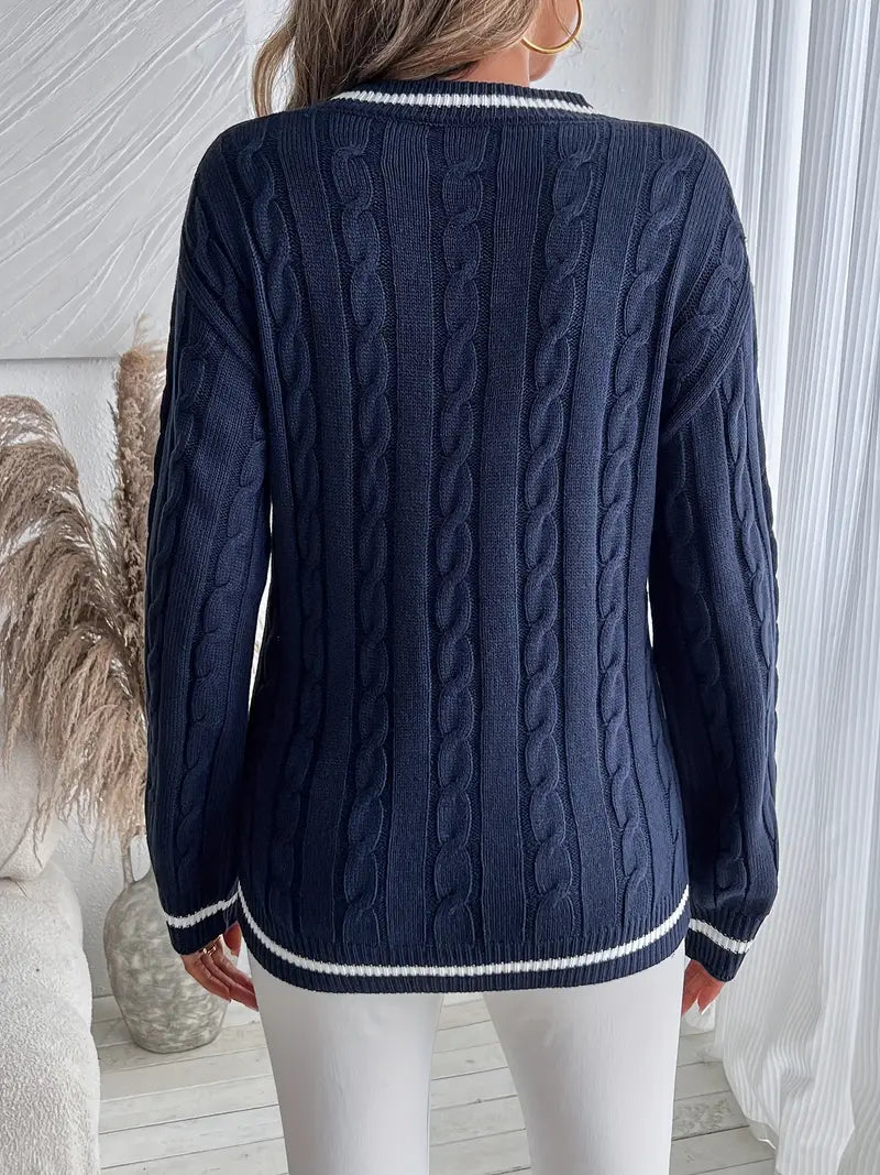 Thalvine | Pull Femme Col V Torsadé Marine - Navy - Image 5