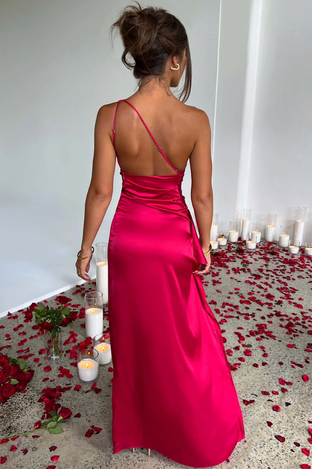 Thaïs | Robe Femme Longue Satinée Une Épaule - Hot Pink - Image 3