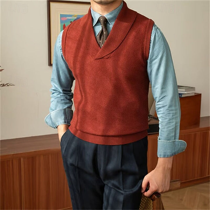 Thavrel | Homme Gilet Col Châle Tricot Sans Manches - Red - Image 1