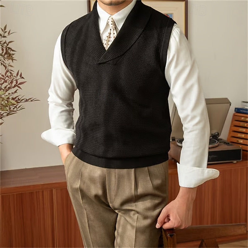Thavrel | Homme Gilet Col Châle Tricot Sans Manches - Red - Image 2