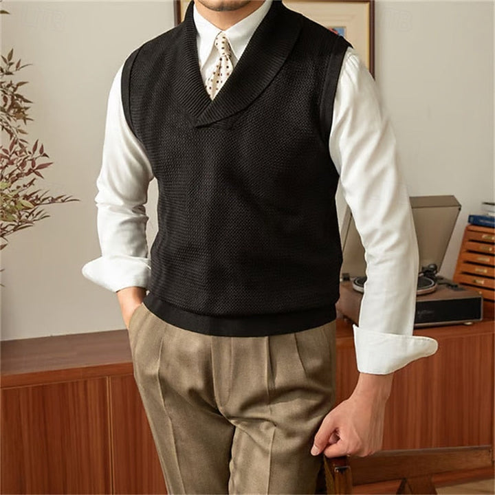 Thavrel | Homme Gilet Col Châle Tricot Sans Manches - Red - Image 2