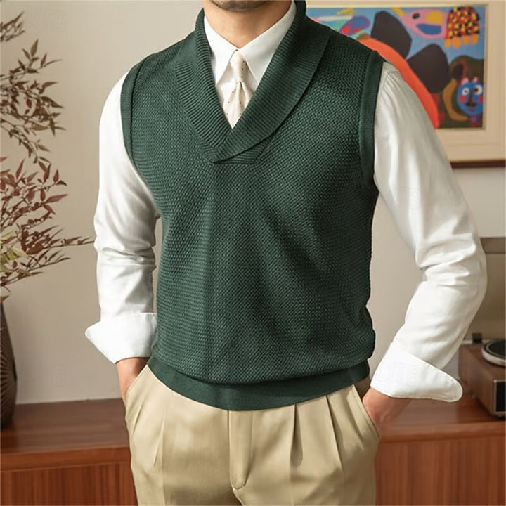 Thavrel | Homme Gilet Col Châle Tricot Sans Manches - Red - Image 3
