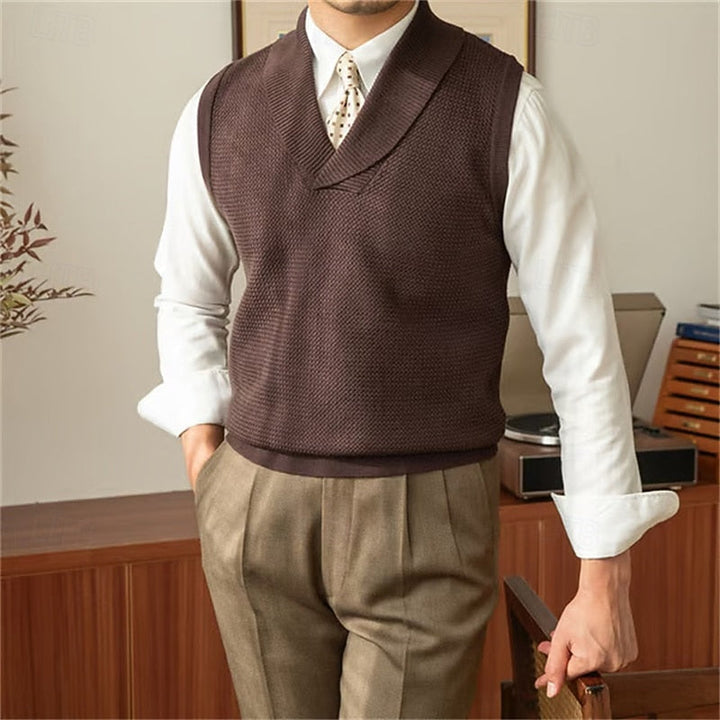 Thavrel | Homme Gilet Col Châle Tricot Sans Manches - Red - Image 4
