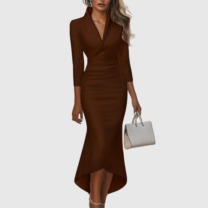 Thelvande | Femme Robe de Soirée Col V Mi-Longue - Brown - Image 1