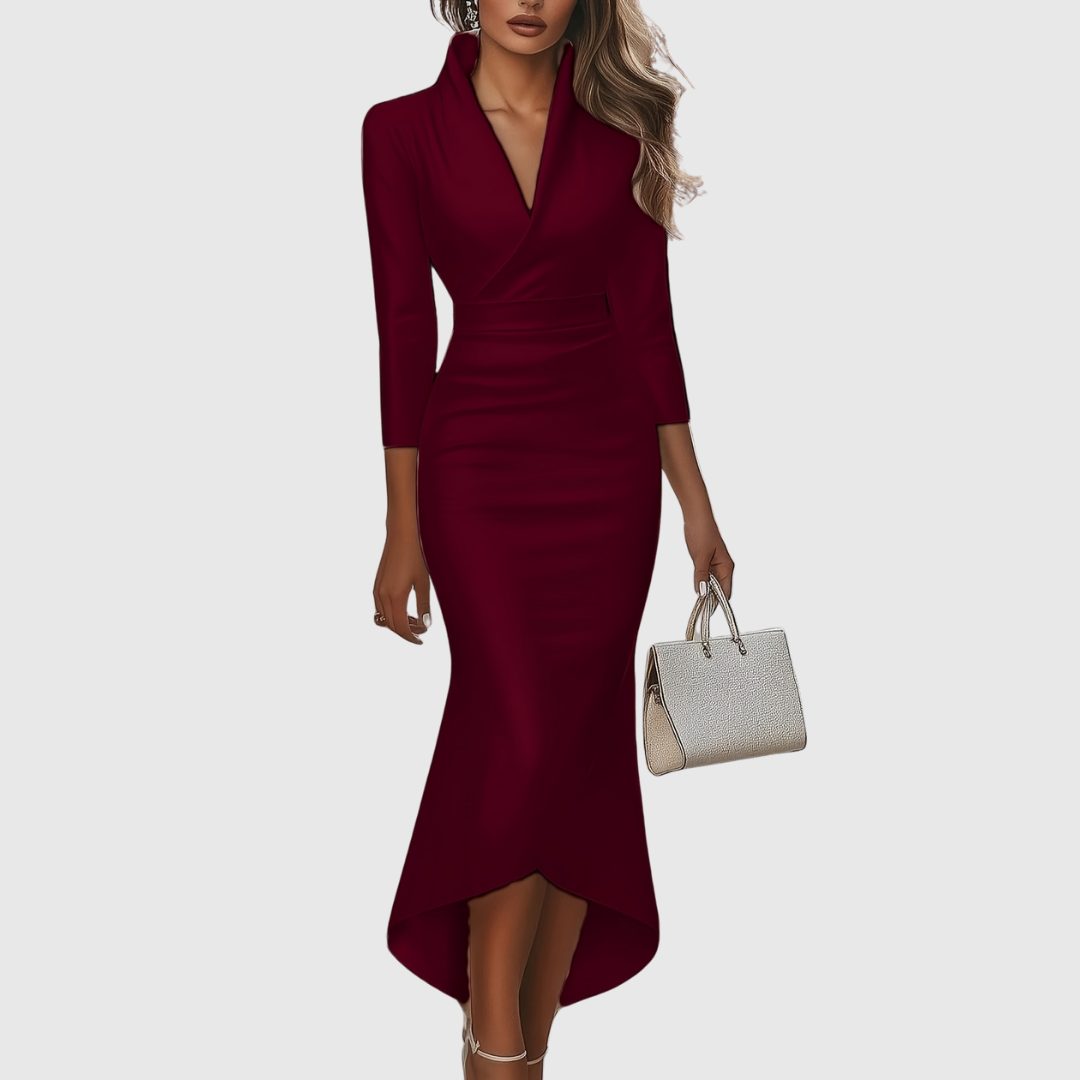 Thelvande | Femme Robe de Soirée Col V Mi-Longue - Brown - Image 3