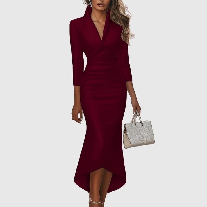 Thelvande | Femme Robe de Soirée Col V Mi-Longue - Brown - Image 3